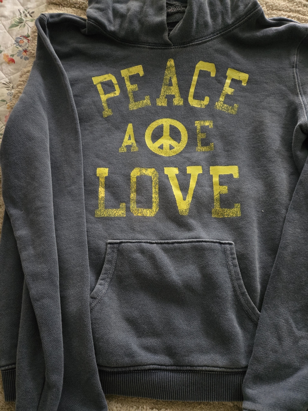 Gray/Blue Hoodie Sweater with Yellow 'Peace Love' Graphic